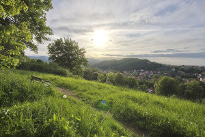 Landschaftsfotografie vom Hermann-Löns-Weg in Wernigerode mit Blick über die Stadt und zum Brocken während des Sonnenuntergangs.