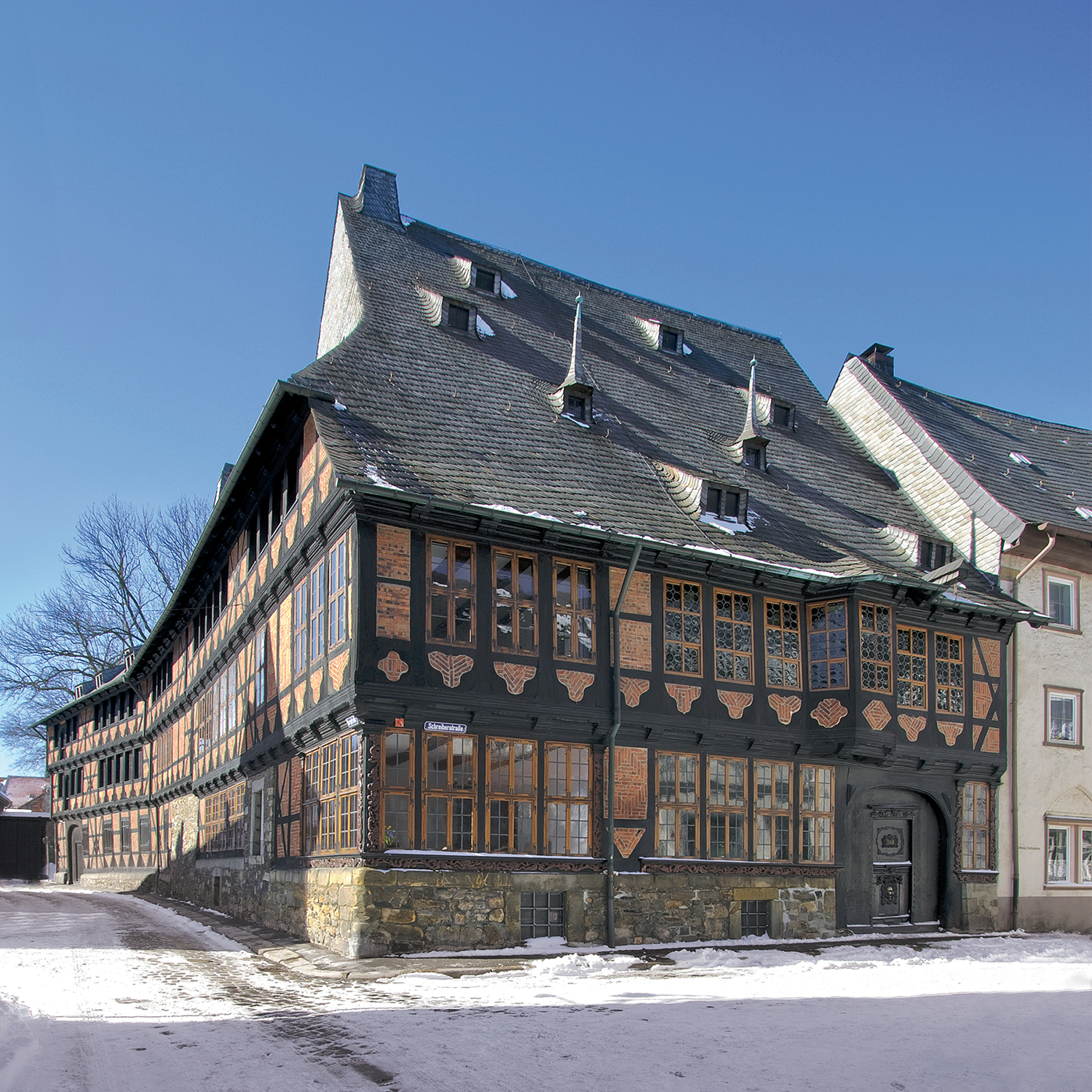 Ostansicht vom Siemenshaus in Goslar, einem Fachwerkhaus aus dem Jahr 1693.